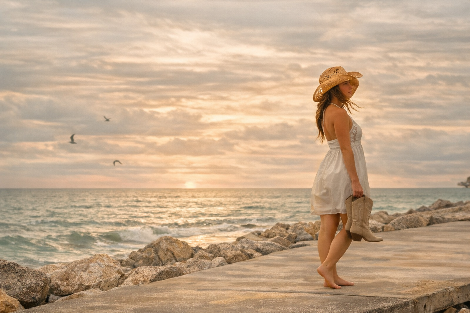 Leanne McGroary walking along a coastal jetty at sunset holding cowboy boots
